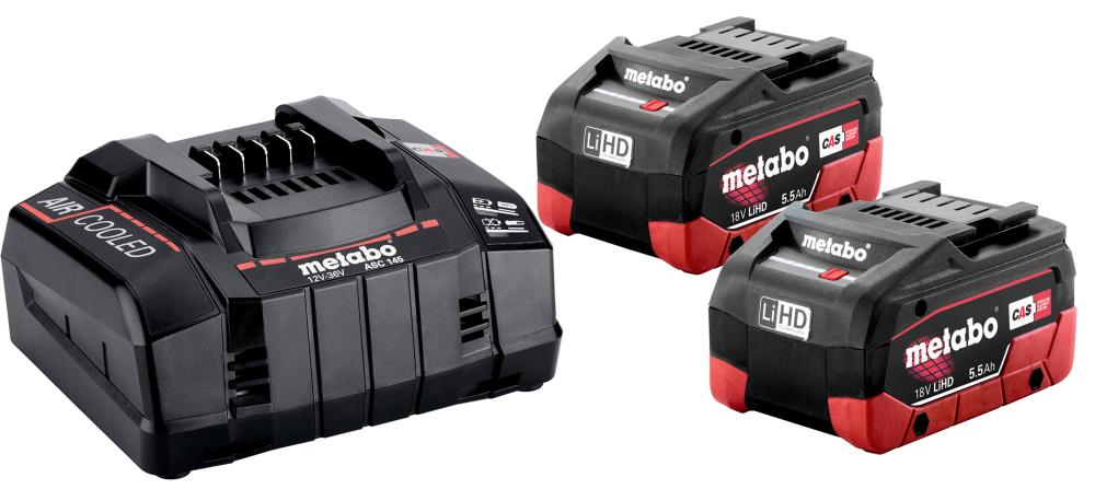 Akku-Starter Set LiHD 18,0 V 2 x 5,5 Ah Metabo Ladegerät ASC 145 metaBOX Akku-Starter Set LiHD 18,0 V 2 x 5,5 Ah Metabo Ladegerät ASC 145 metaBOX