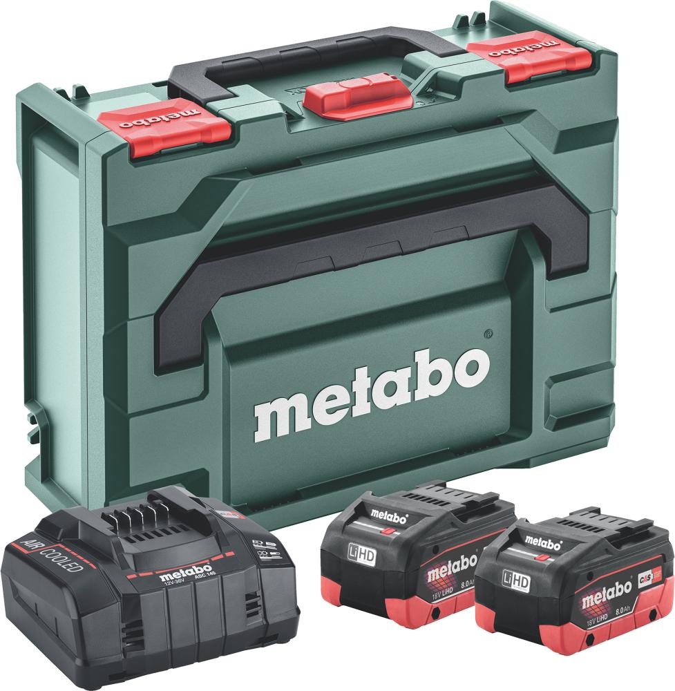 Akku-Starter Set LiHD 18,0 V 2 x 8,0 Ah Metabo Ladegerät ASC 145 metaBOX Akku-Starter Set LiHD 18,0 V 2 x 8,0 Ah Metabo Ladegerät ASC 145 metaBOX