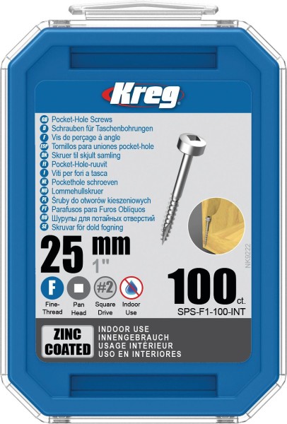 KREG Kreg Pocket-Hole Schrauben 25 mm, Verzinkt, Flachkopf, Feingewinde, 100 Stück