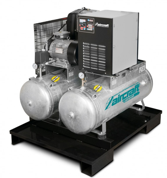 AIRCRAFT Stationärer Kolbenkompressor mit 2x 100 Liter-Druckluftbehältern und Kältetrockner AIRPROFI DUO 703/2x100/10 K