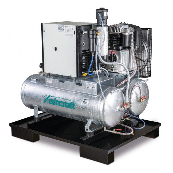 AIRCRAFT Stationärer Kolbenkompressor mit 2x 100 Liter-Druckluftbehältern, Kältetrockner, Feinfilter, Kondensatableiter- und aufbereiter AIRPROFI DUO 853/2x100/10 KK
