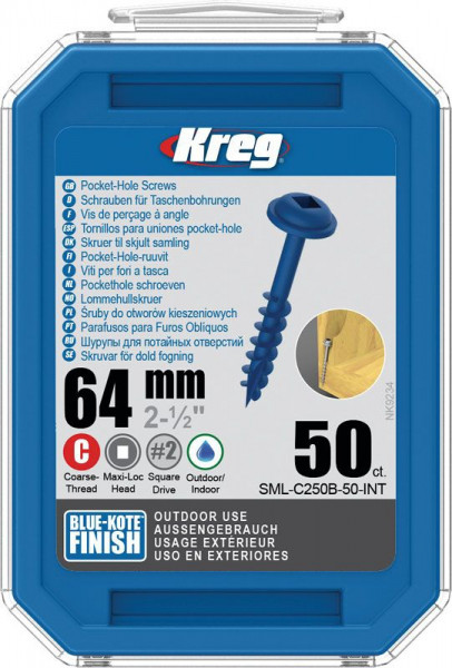KREG Kreg Pocket-Hole Schrauben 64 mm, Blue-Kote™, Maxi-Loc, Grobgewinde, 50 Stück