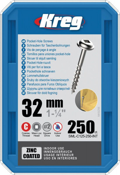 KREG Kreg Pocket-Hole Schrauben 32 mm, Verzinkt, Maxi-Loc, Grobgewinde, 250 Stück