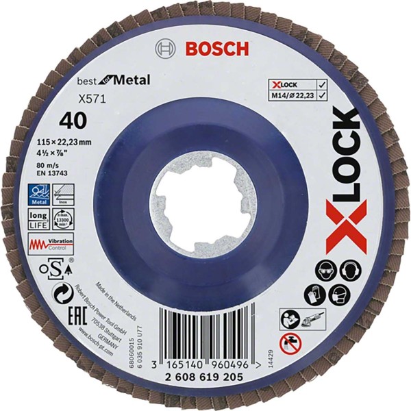 BOSCH X-LOCK Fächerschleifscheibe, gerade Ausführung, Kunststofftragplatte, Ø115 mm, K 40, X571, Best for Metal, 1 Stück