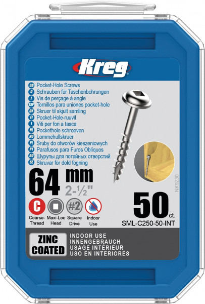 KREG Kreg Pocket-Hole Schrauben 64 mm, Verzinkt, Maxi-Loc, Grobgewinde, 50 Stück
